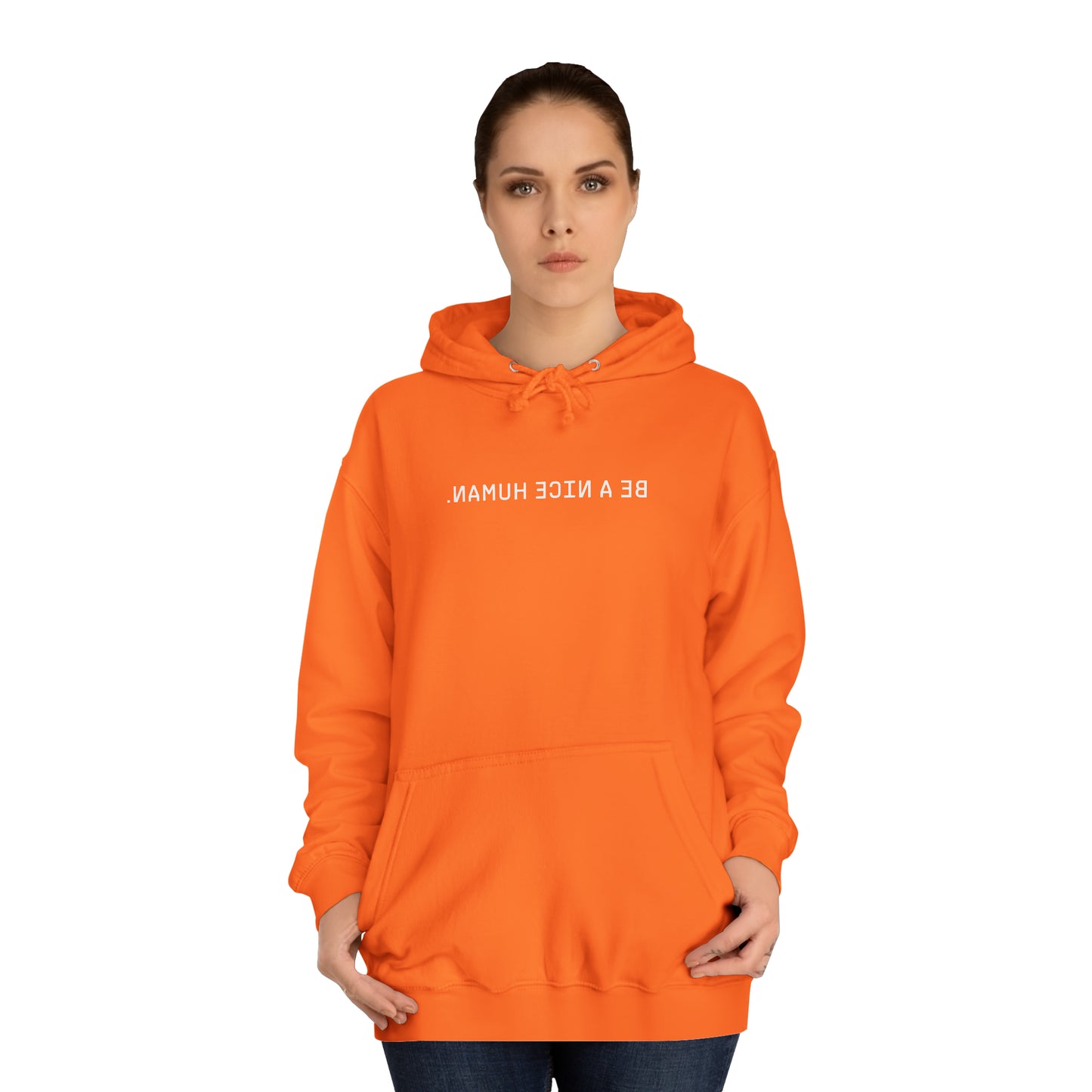 BE A NICE HUMAN | REVERSE MIRROR | Unisex Hoodies | Black + Orange + Sky blue