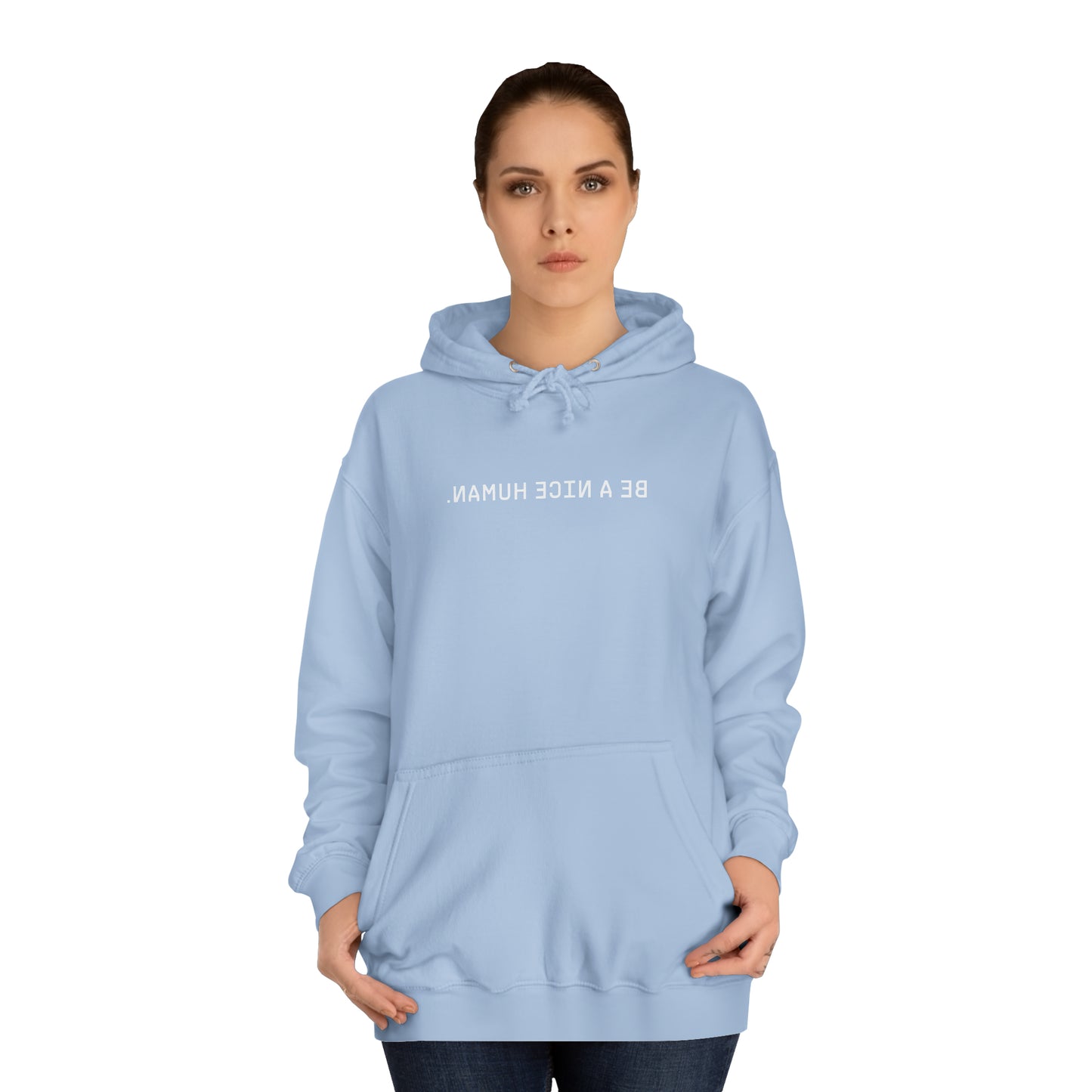 BE A NICE HUMAN | REVERSE MIRROR | Unisex Hoodies | Black + Orange + Sky blue